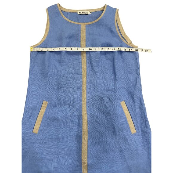 iLinen Sleeveless Linen Shift Dress Blue With Beige Trim & Pockets Size M - Picture 7 of 8